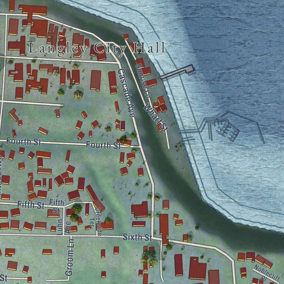 Close-up of the map of Langley, Washington print showing street and building detail