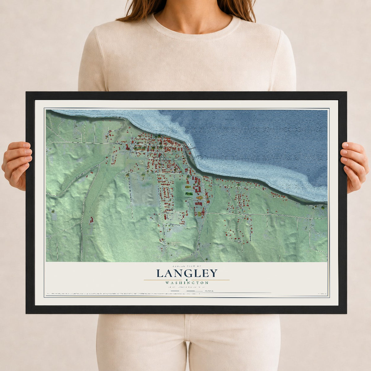 Map of Langley, Washington, 12 x 18 inch print in a black wood frame