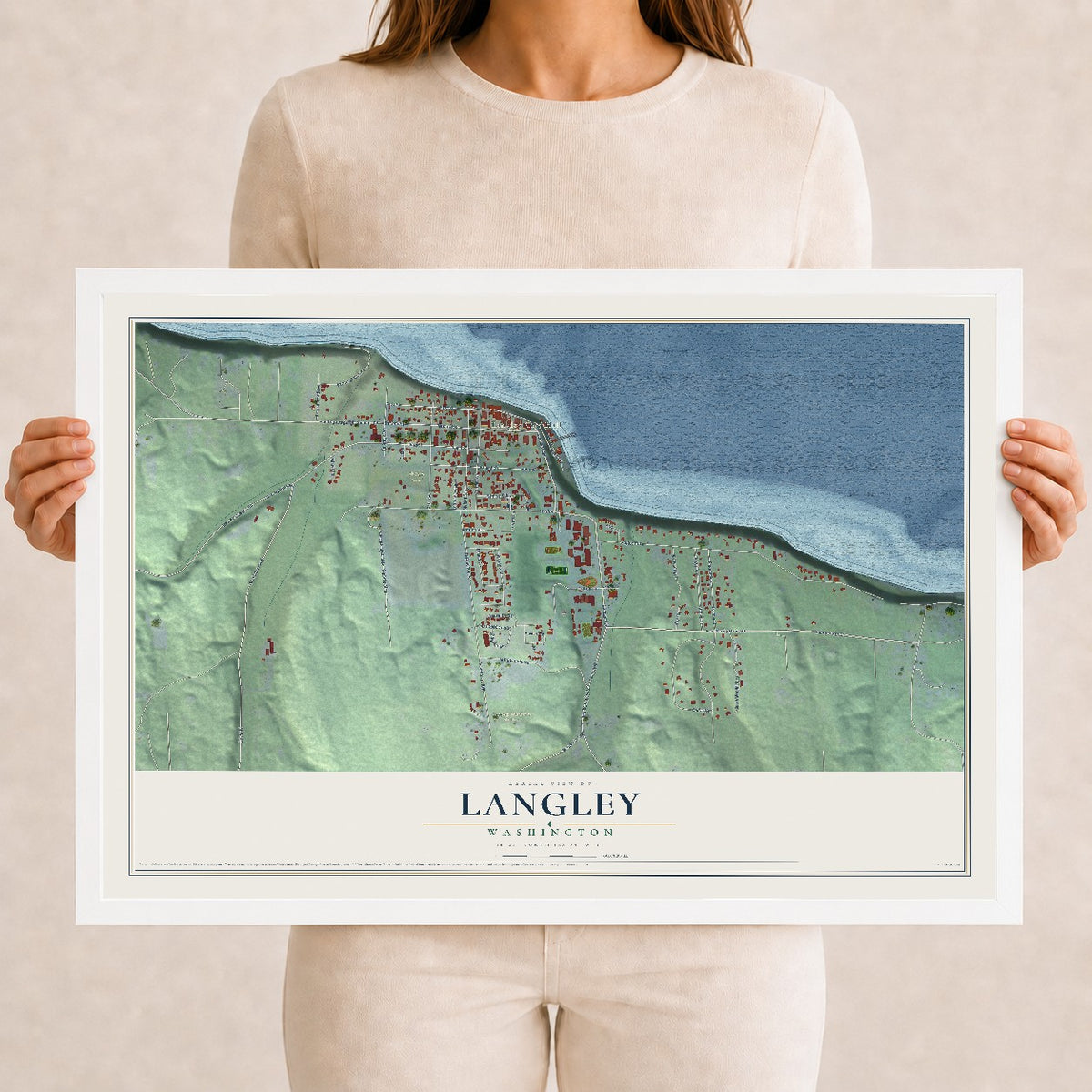 Map of Langley, Washington, 12 x 18 inch print in a white wood frame