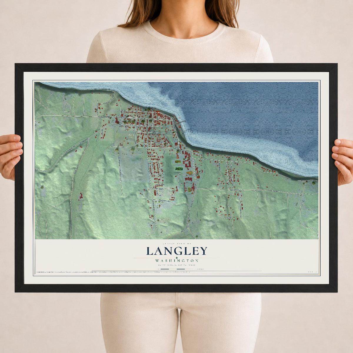 Map of Langley, Washington, 18 x 24 inch print in a black wood frame