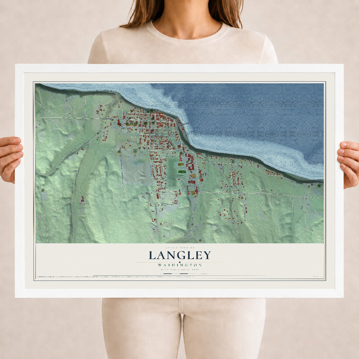Map of Langley, Washington, 18 x 24 inch print in a white wood frame