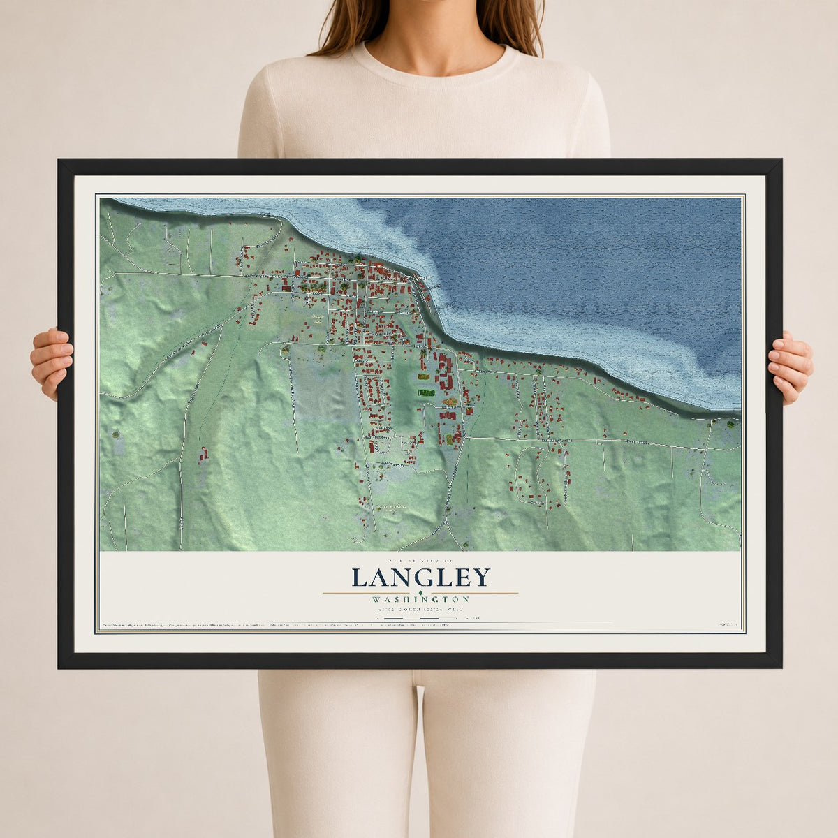 Map of Langley, Washington, 24 x 36 inch print in a black wood frame