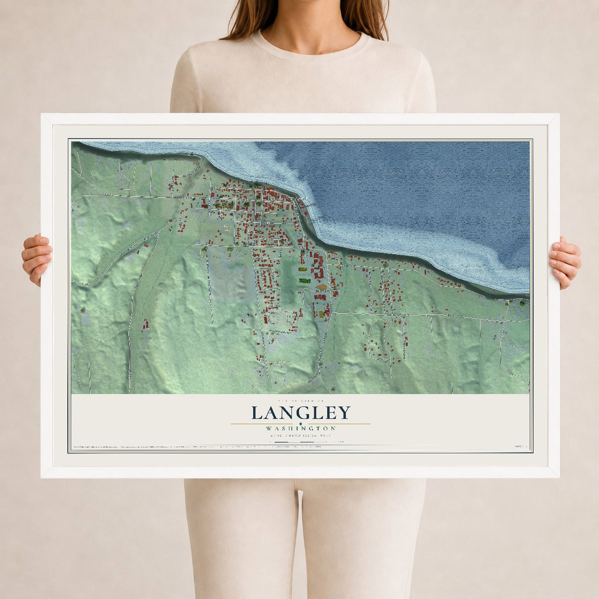 Map of Langley, Washington, 24 x 36 inch print in a white wood frame