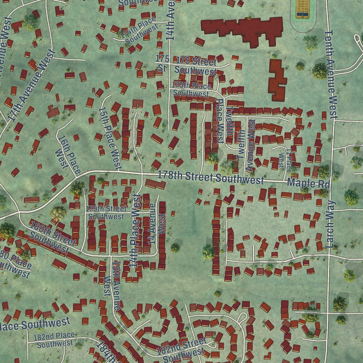 Close-up of the map of Larch Way, Washington print showing street and building detail