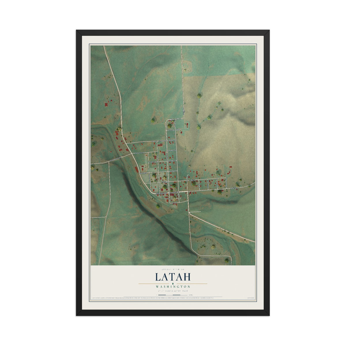 Map of Latah, Washington, 12 x 18 inch print in a black wood frame