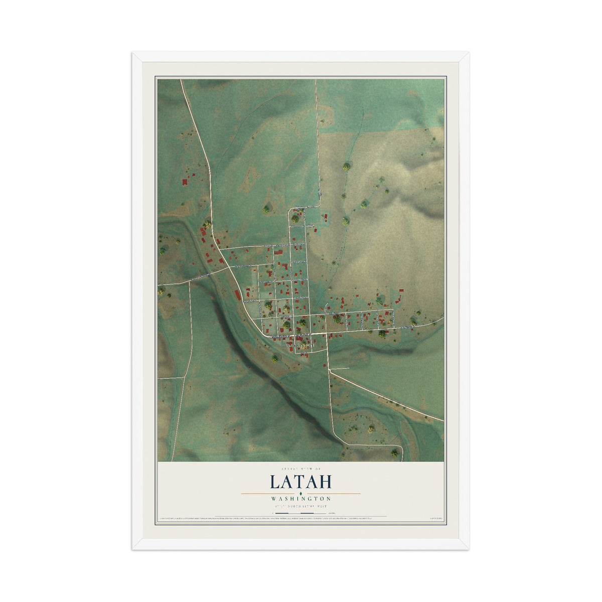 Map of Latah, Washington, 12 x 18 inch print in a white wood frame