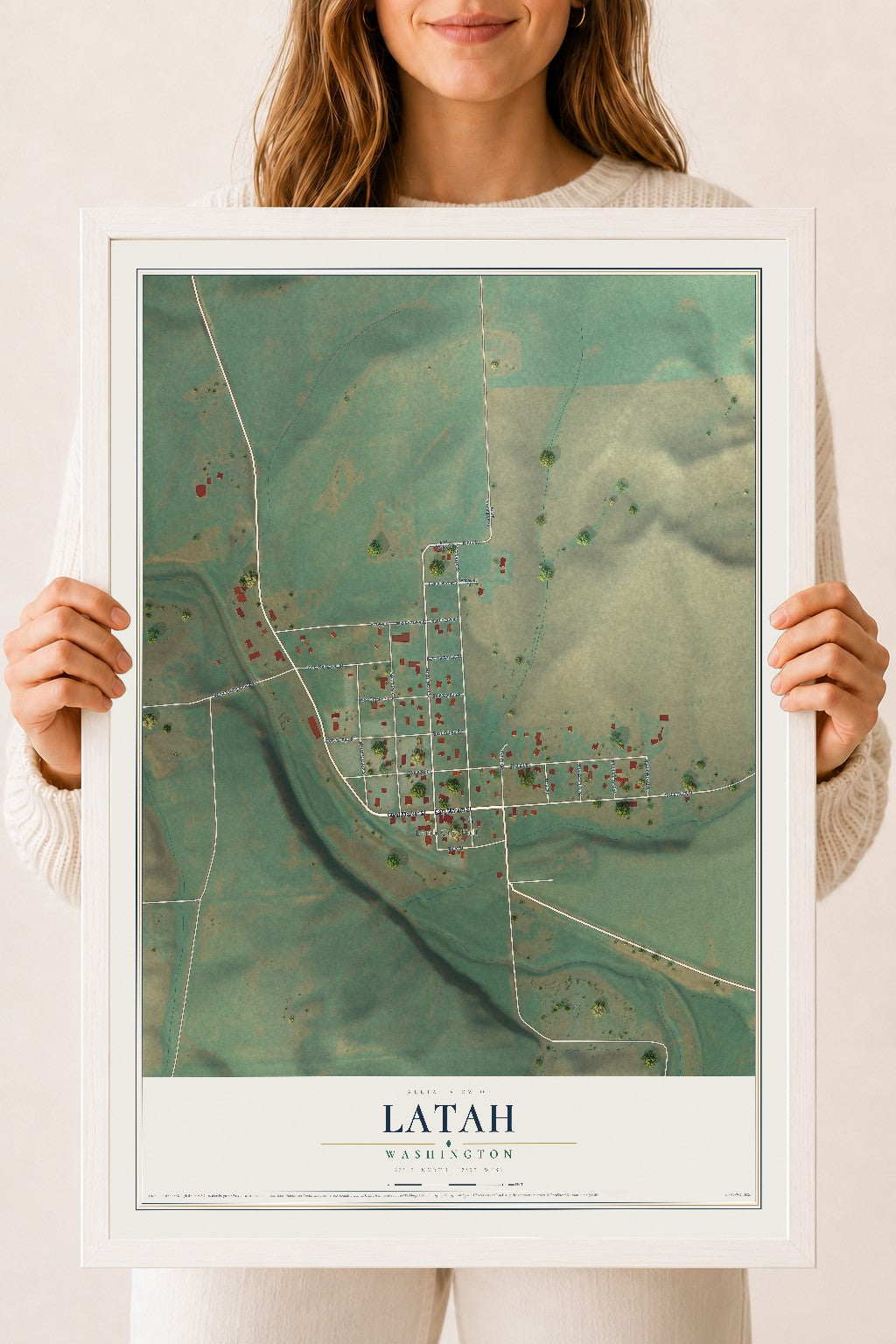 Map of Latah, Washington, 18 x 24 inch print in a white wood frame