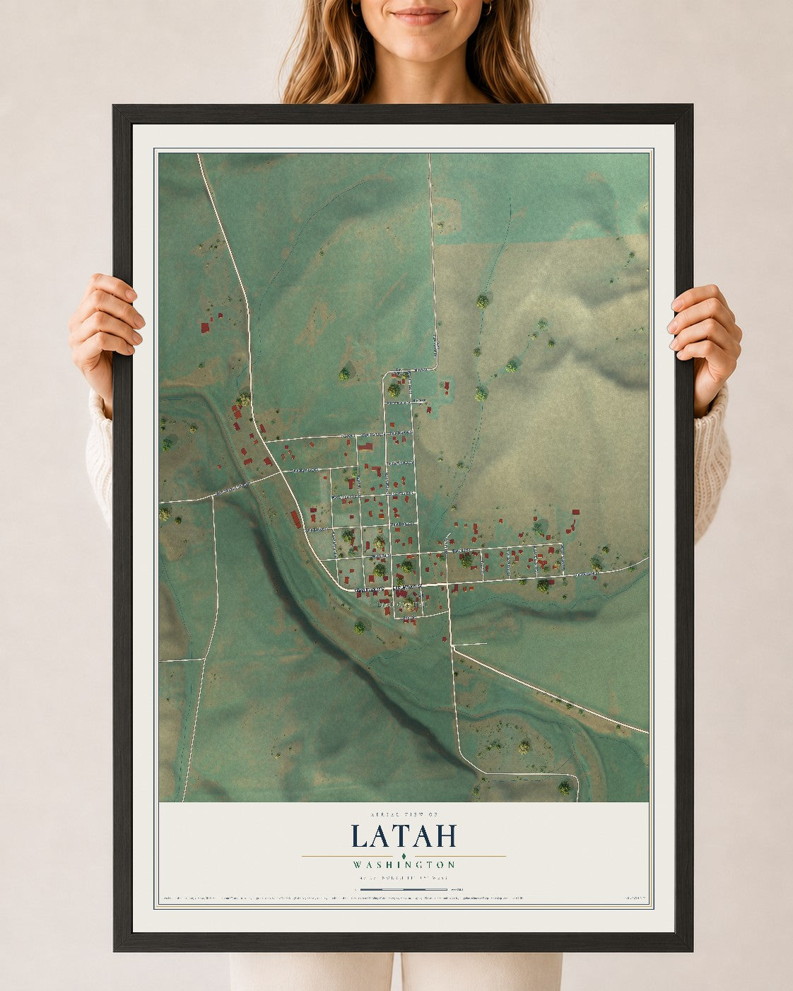 Map of Latah, Washington, 24 x 36 inch print in a black wood frame