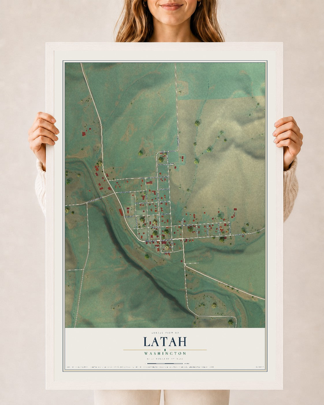 Map of Latah, Washington, 24 x 36 inch print in a white wood frame