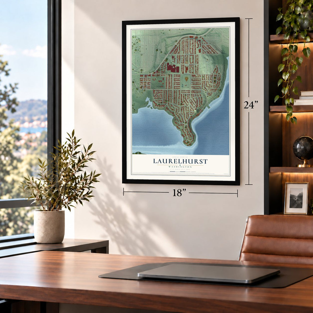 Laurelhurst, Washington map, 18 x 24 inch print in a black frame in a home office
