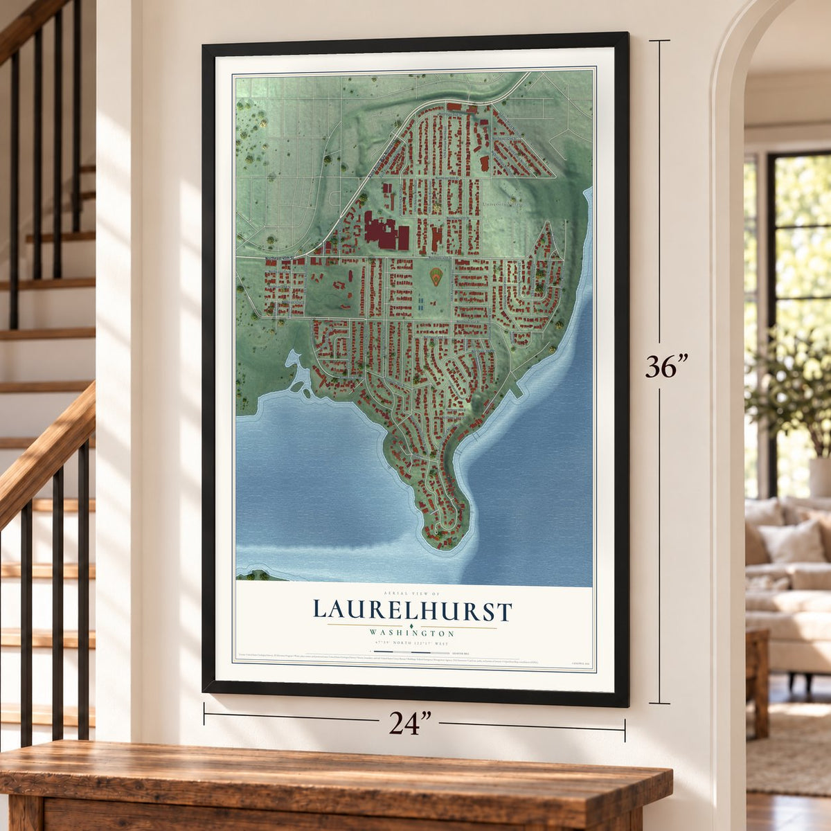 Laurelhurst, Washington map, 24 x 36 inch print in a black frame by a staircase