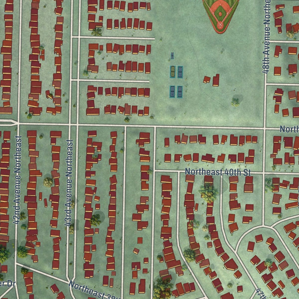 Close-up of the map of Laurelhurst, Washington print showing street and building detail
