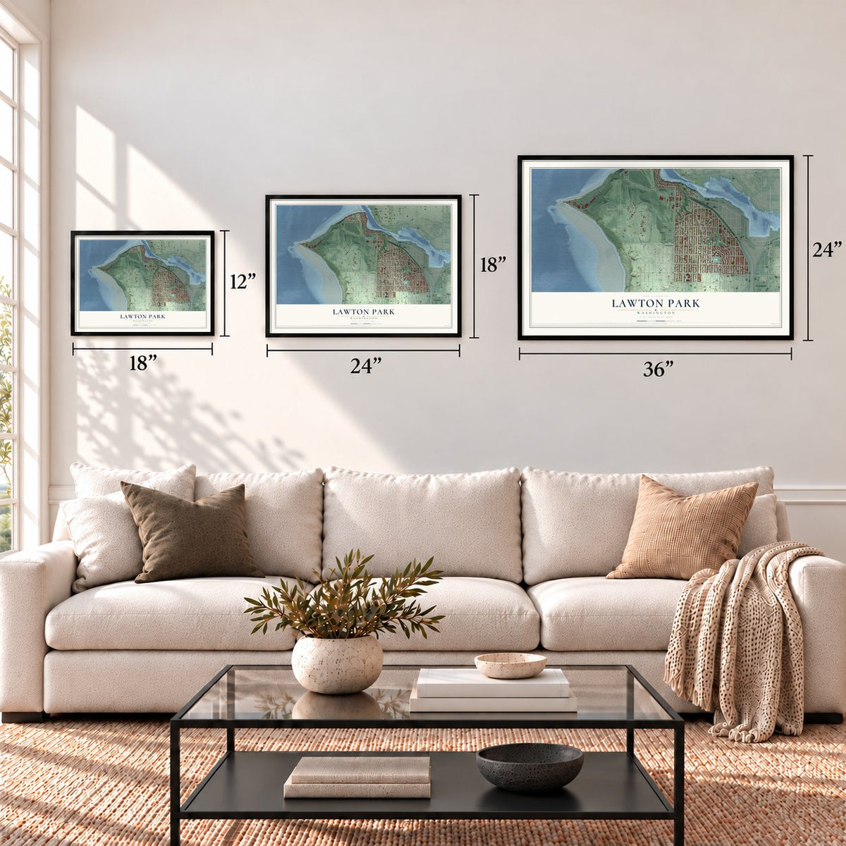 Lawton Park, Washington map in 12 x 18, 18 x 24 and 24 x 36 inch sizes above a sofa