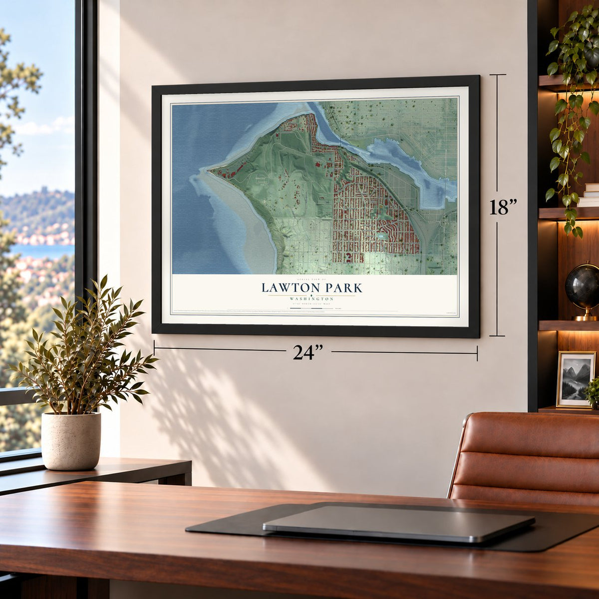 Lawton Park, Washington map, 18 x 24 inch print in a black frame in a home office