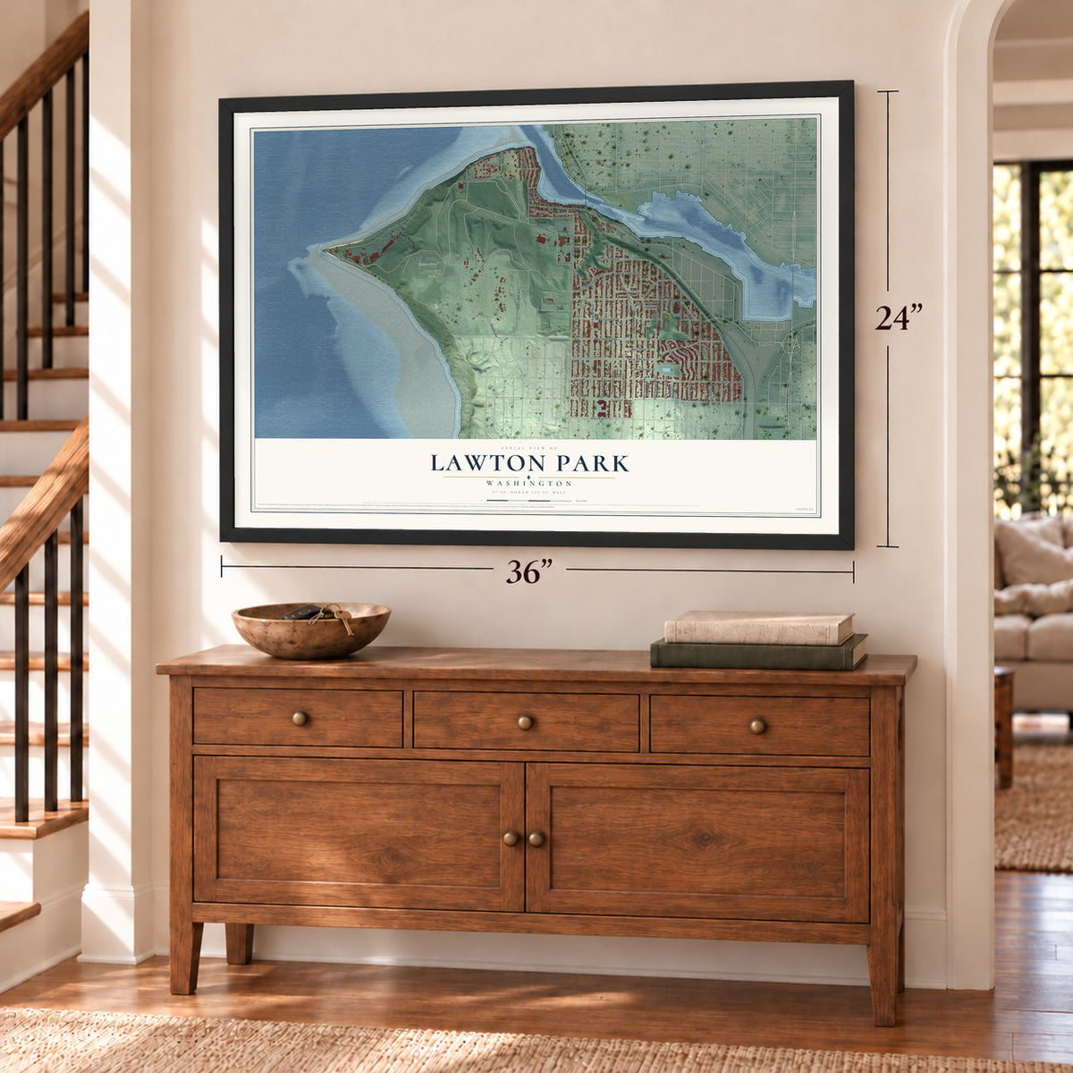 Lawton Park, Washington map, 24 x 36 inch print in a black frame above a dresser by a staircase