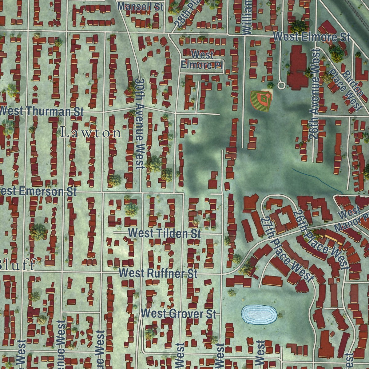 Close-up of the map of Lawton Park, Washington print showing street and building detail