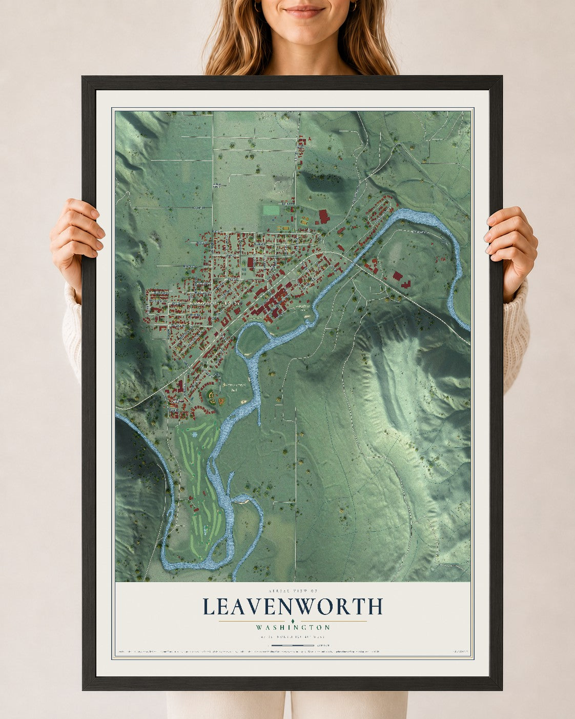 Map of Leavenworth, Washington, 24 x 36 inch print in a black wood frame
