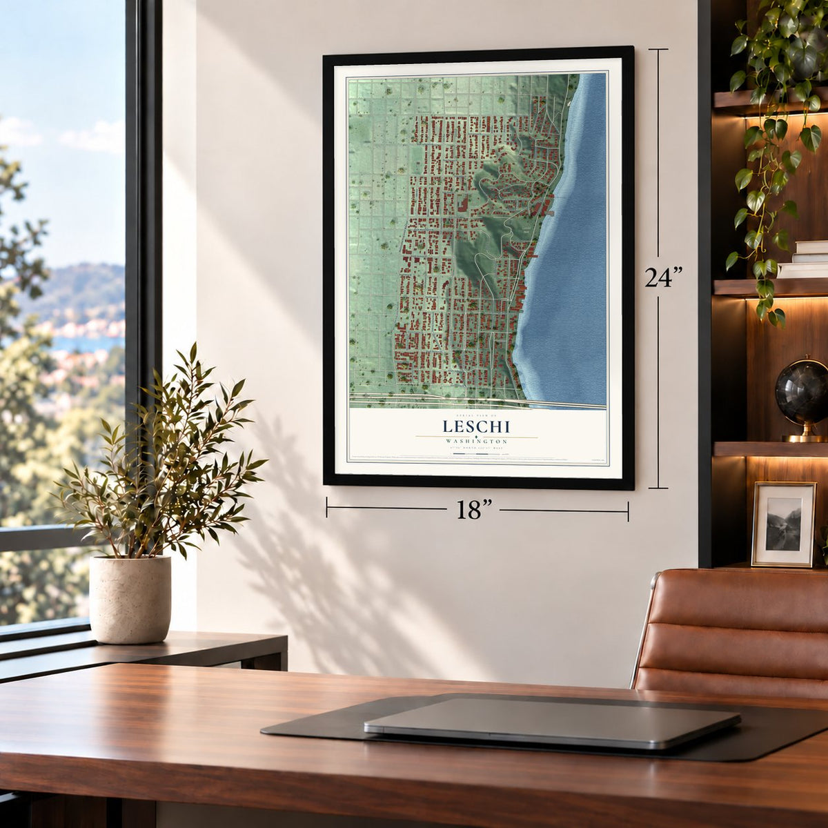 Leschi, Washington map, 18 x 24 inch print in a black frame in a home office