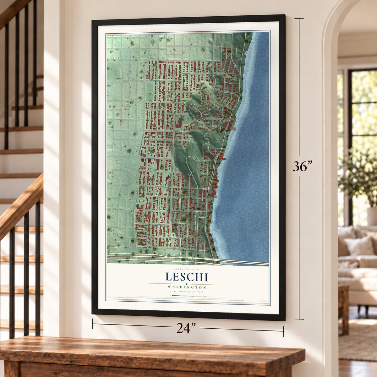 Leschi, Washington map, 24 x 36 inch print in a black frame by a staircase