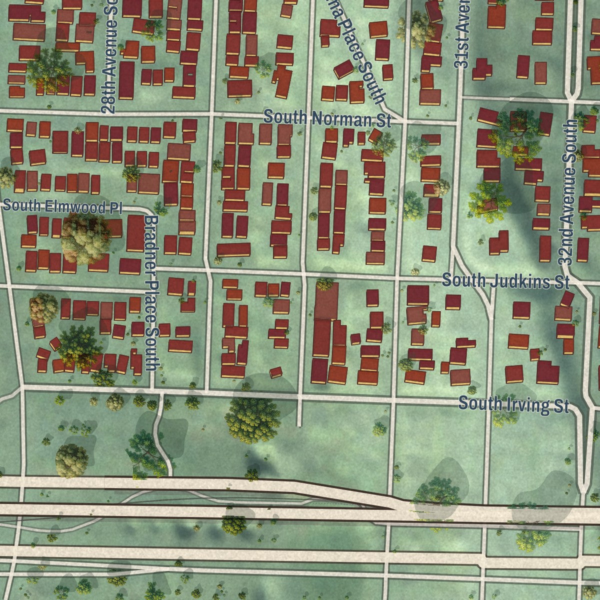 Close-up of the map of Leschi, Washington print showing street and building detail