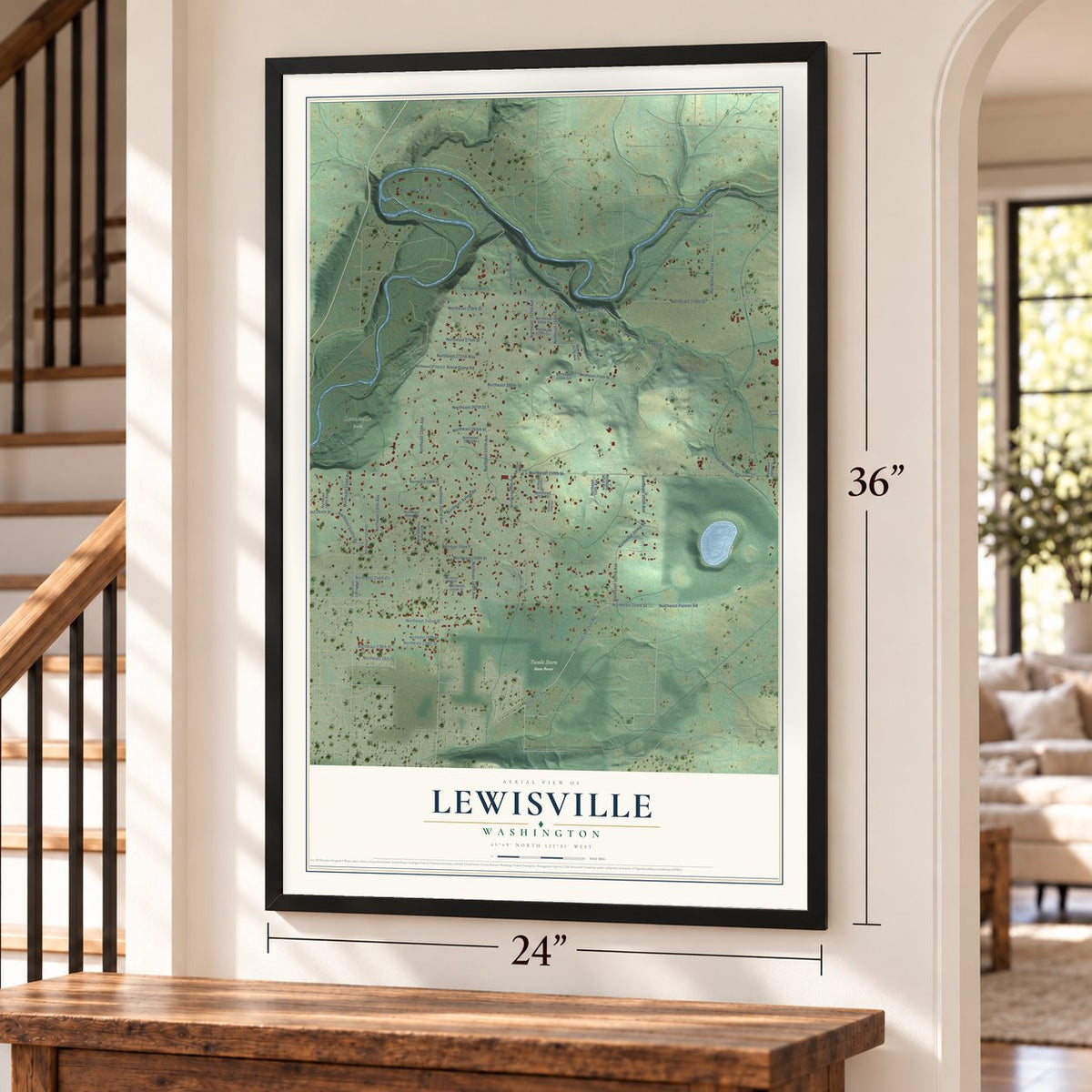 Lewisville, Washington map, 24 x 36 inch print in a black frame by a staircase