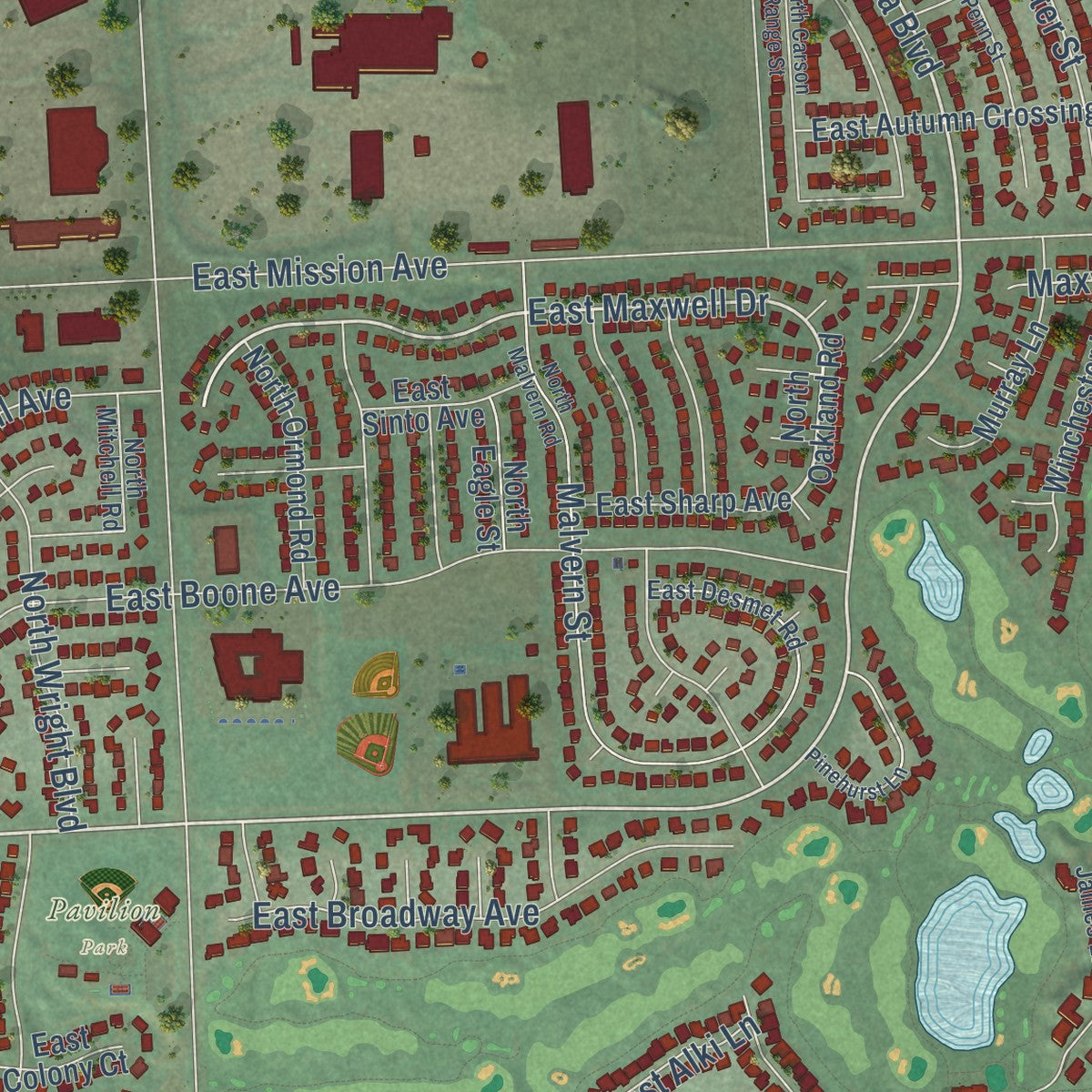 Close-up of the map of Liberty Lake, Washington print showing street and building detail