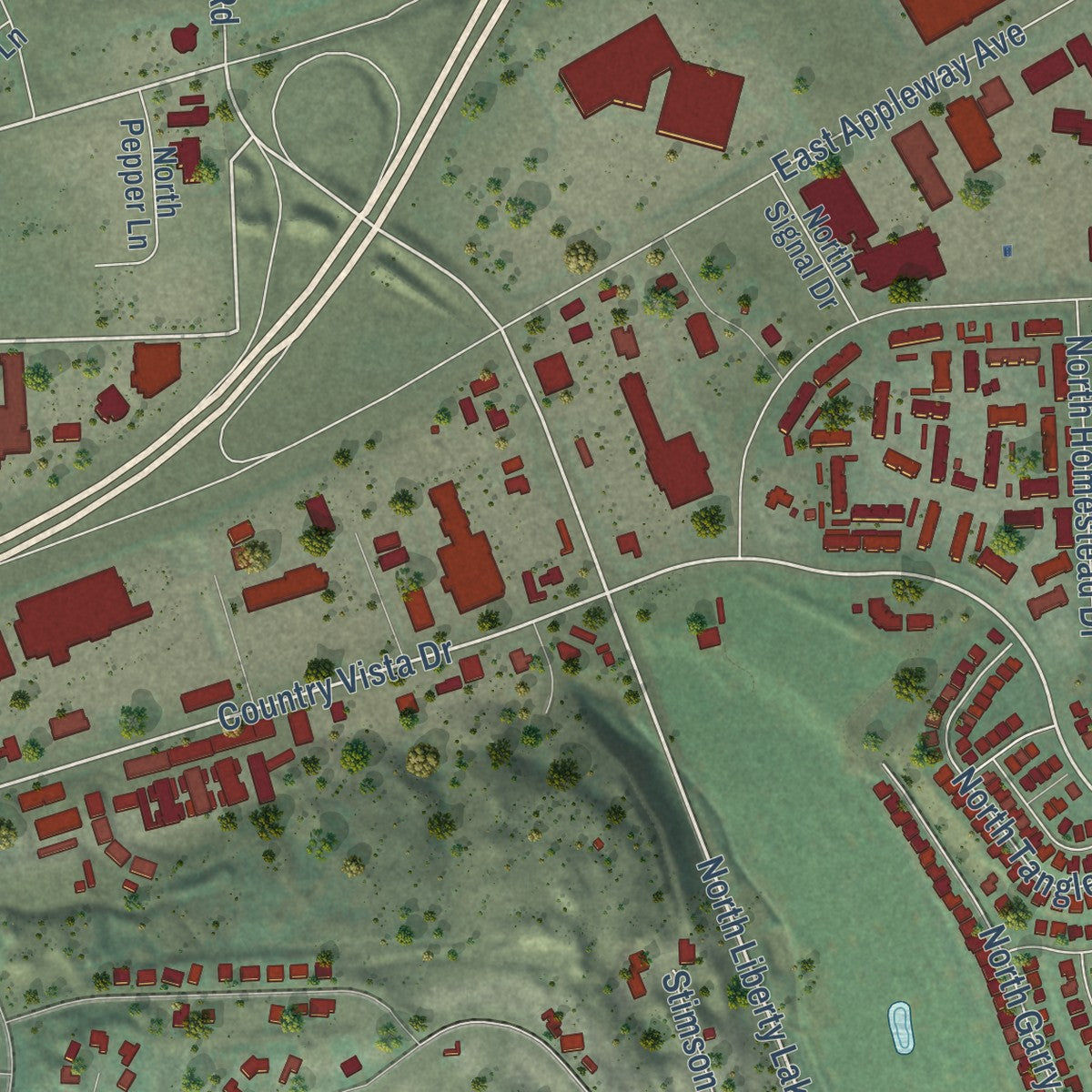 Second close-up of the map of Liberty Lake, Washington print showing more streets and buildings