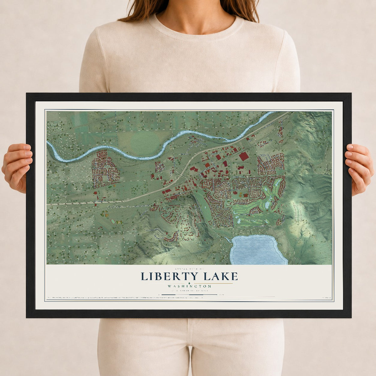 Map of Liberty Lake, Washington, 12 x 18 inch print in a black wood frame