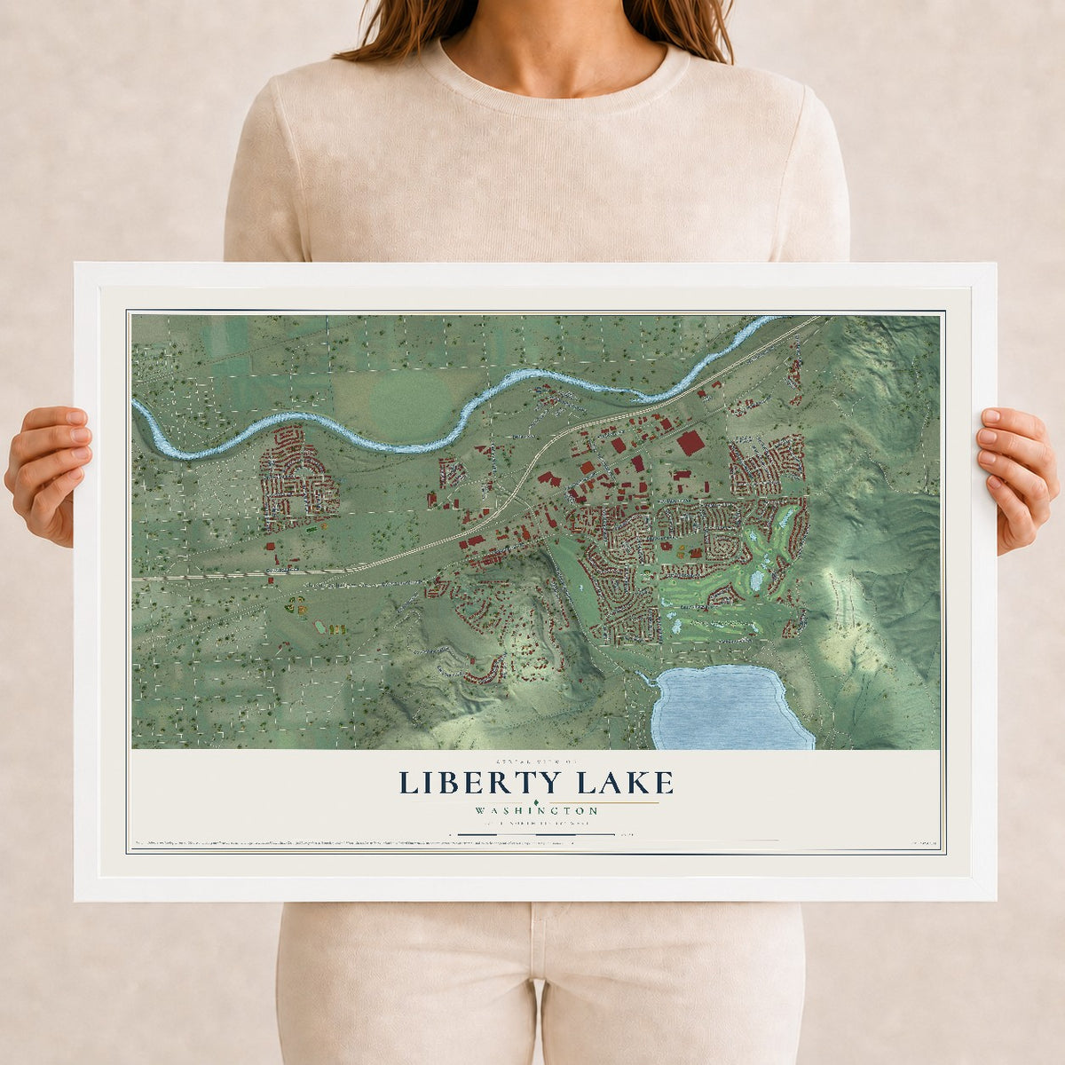 Map of Liberty Lake, Washington, 12 x 18 inch print in a white wood frame