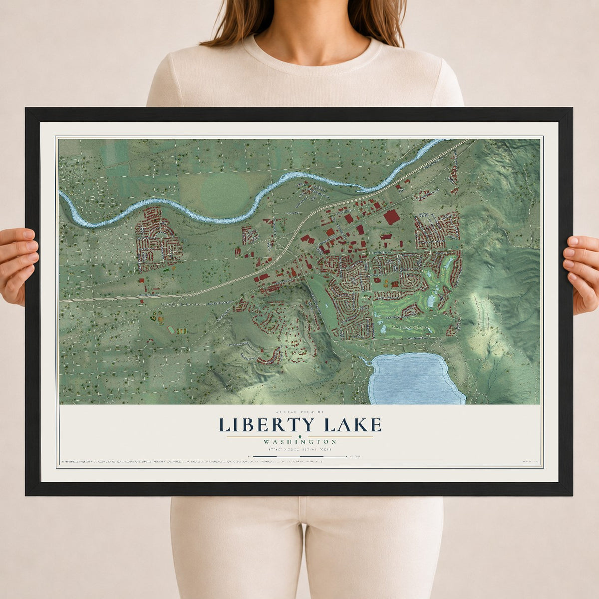 Map of Liberty Lake, Washington, 18 x 24 inch print in a black wood frame