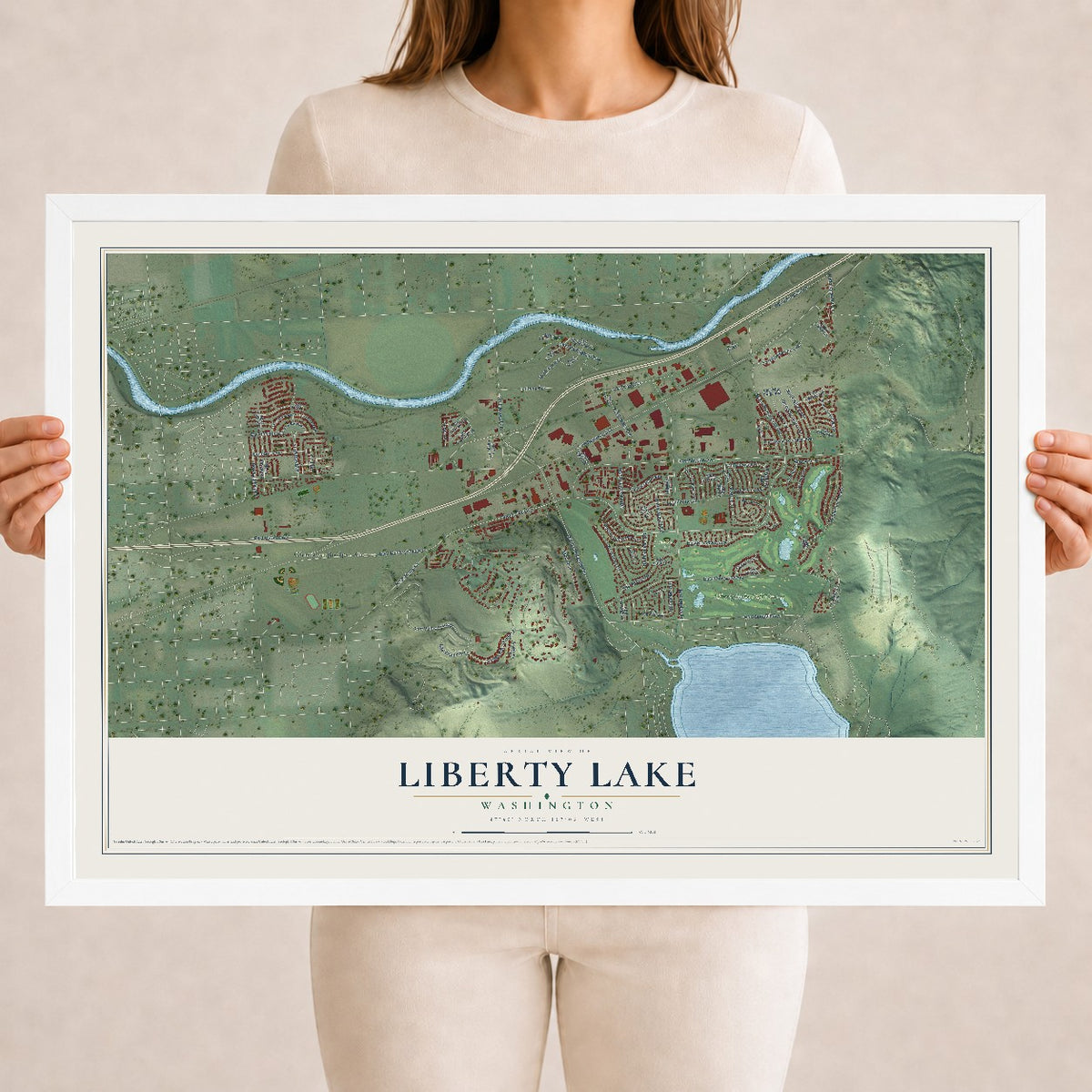 Map of Liberty Lake, Washington, 18 x 24 inch print in a white wood frame