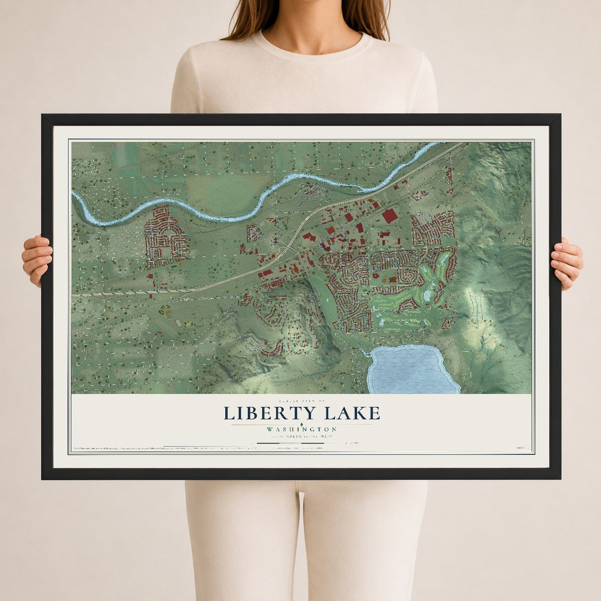 Map of Liberty Lake, Washington, 24 x 36 inch print in a black wood frame