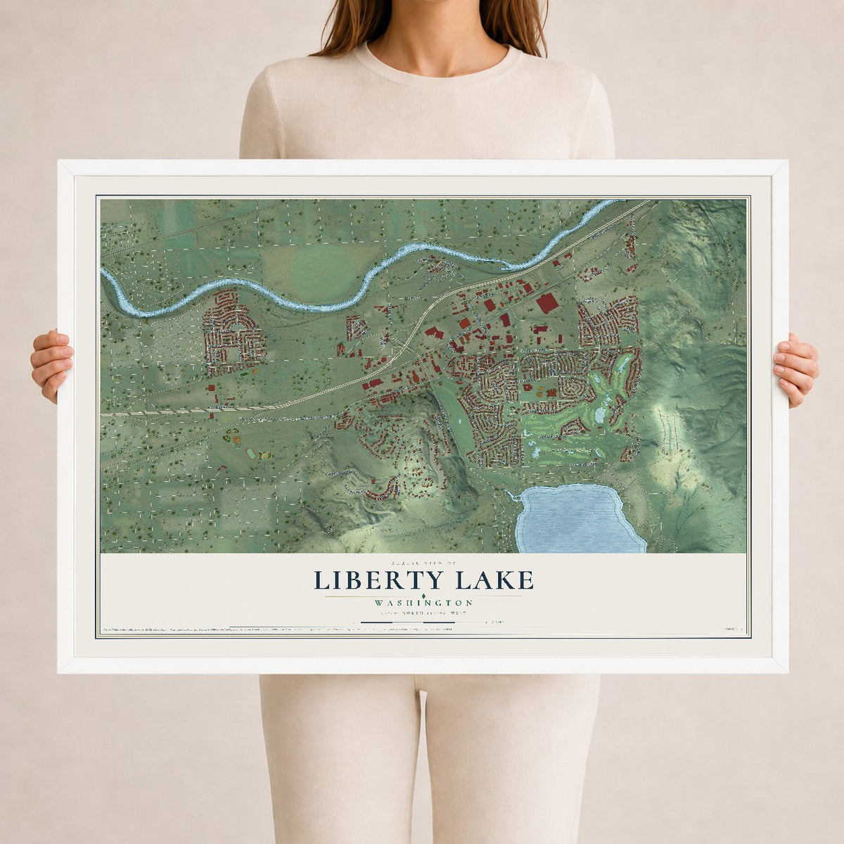 Map of Liberty Lake, Washington, 24 x 36 inch print in a white wood frame