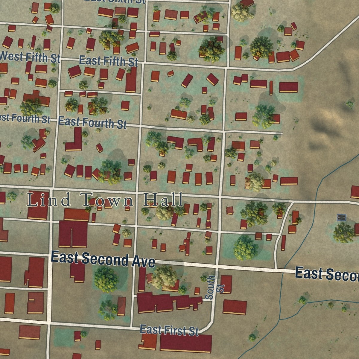 Close-up of the map of Lind, Washington print showing street and building detail