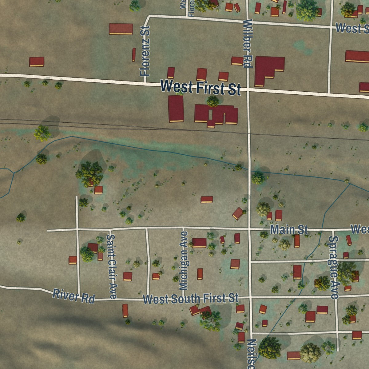 Second close-up of the map of Lind, Washington print showing more streets and buildings