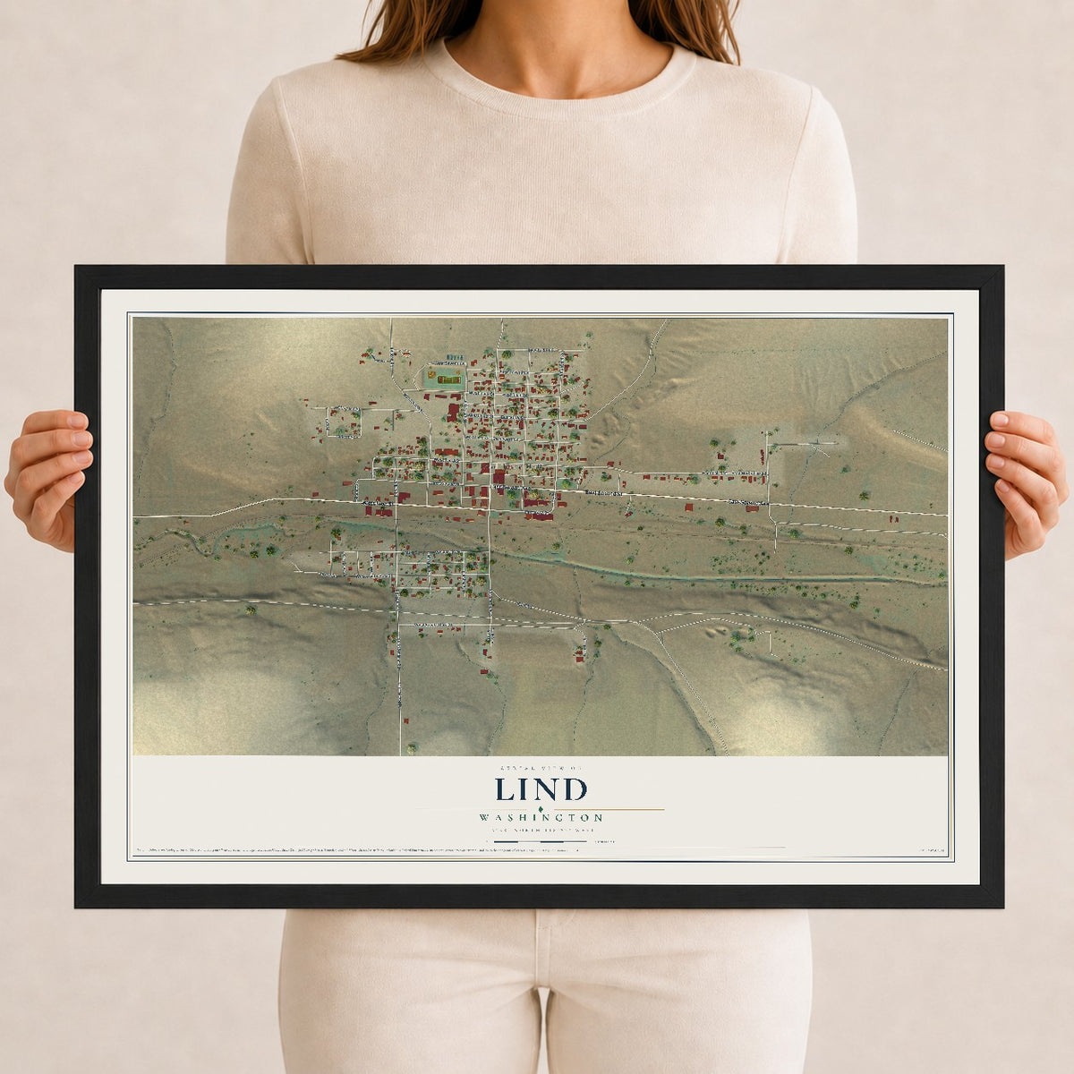 Map of Lind, Washington, 12 x 18 inch print in a black wood frame