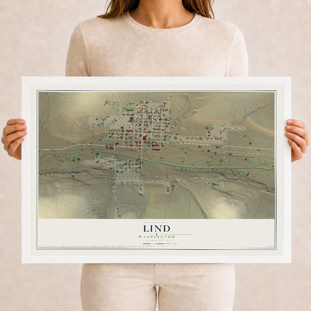 Map of Lind, Washington, 12 x 18 inch print in a white wood frame