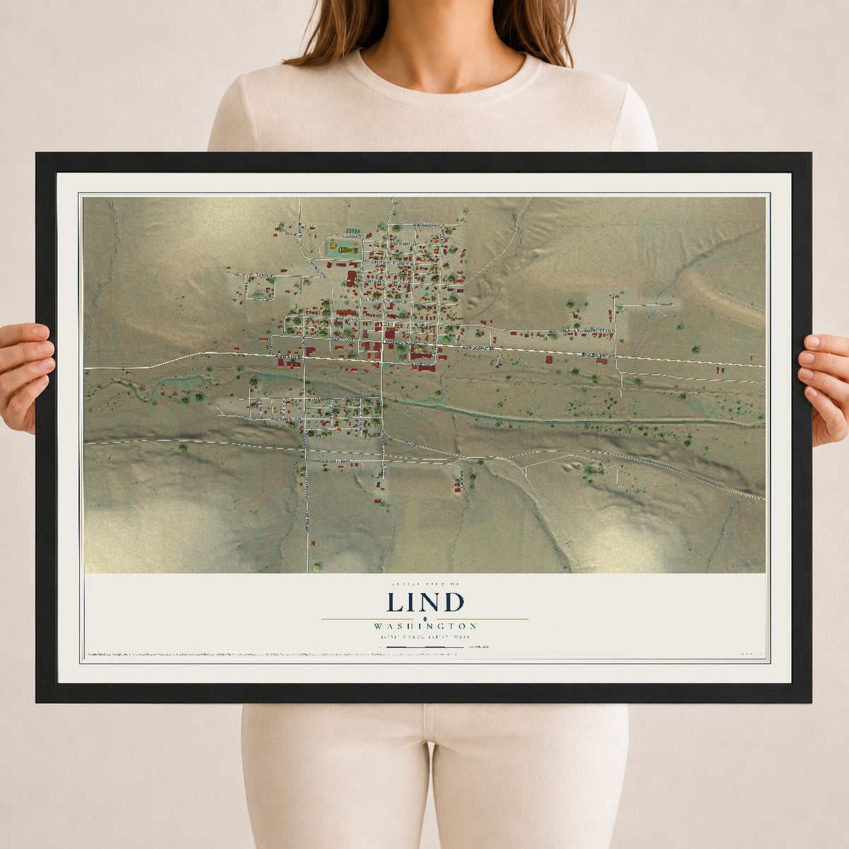 Map of Lind, Washington, 18 x 24 inch print in a black wood frame