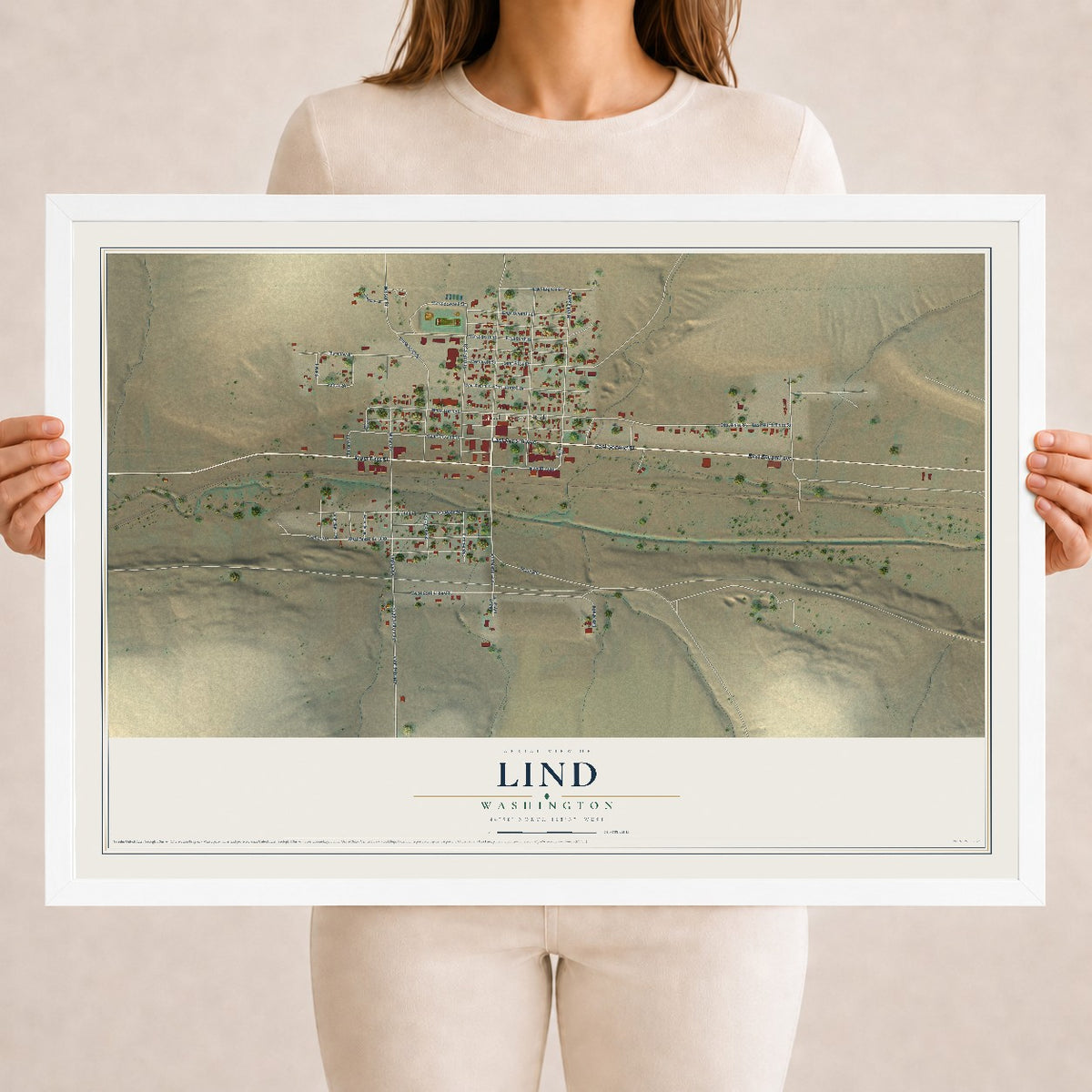 Map of Lind, Washington, 18 x 24 inch print in a white wood frame