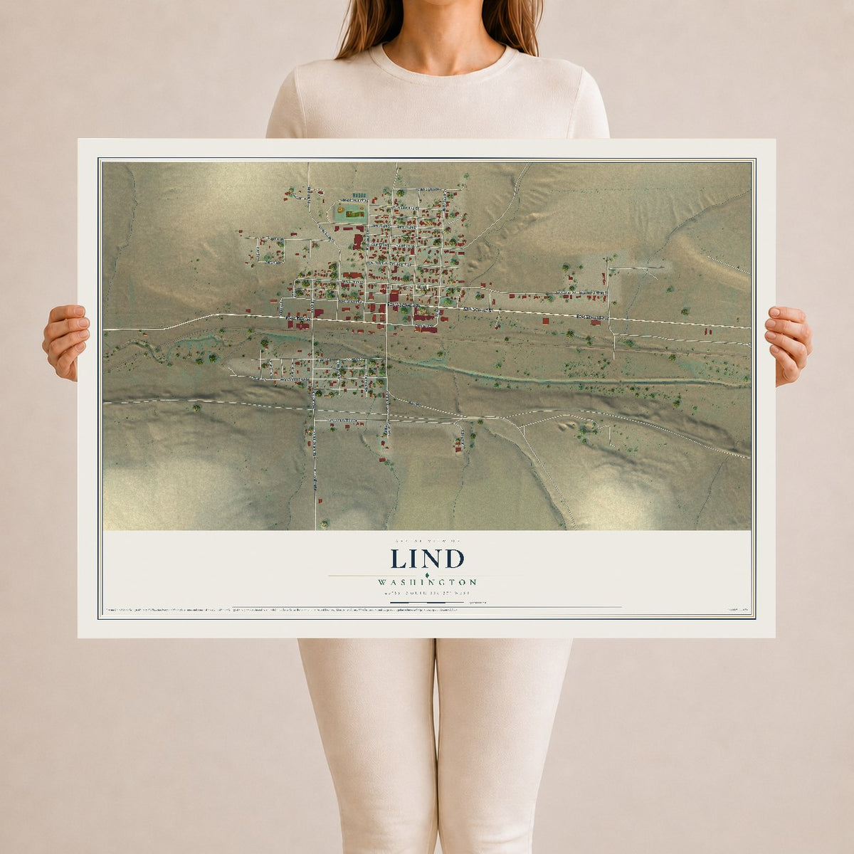 Map of Lind, Washington, 24 x 36 inch unframed archival matte print