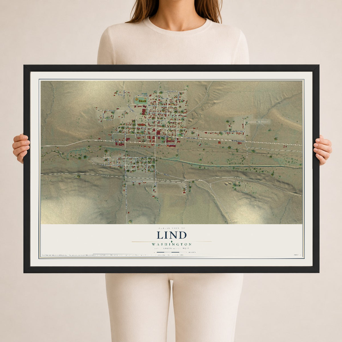 Map of Lind, Washington, 24 x 36 inch print in a black wood frame