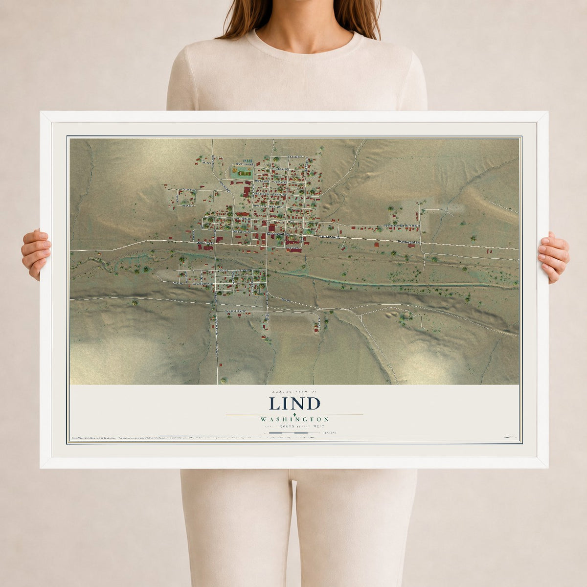 Map of Lind, Washington, 24 x 36 inch print in a white wood frame