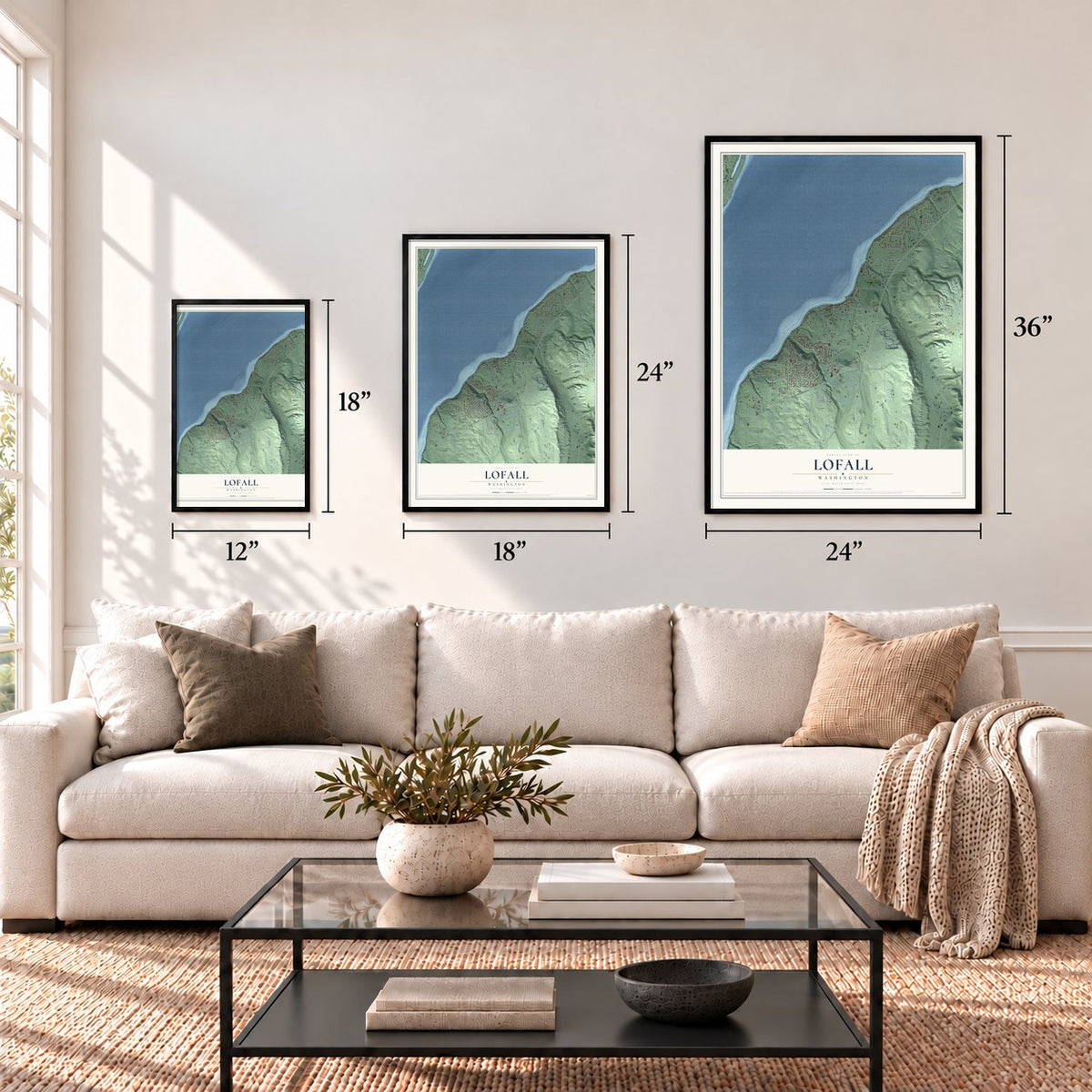 Lofall, Washington map in 12 x 18, 18 x 24 and 24 x 36 inch sizes above a sofa
