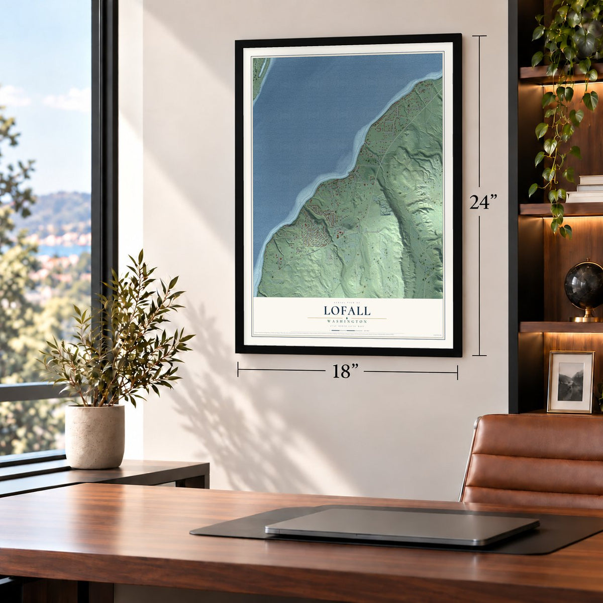 Lofall, Washington map, 18 x 24 inch print in a black frame in a home office