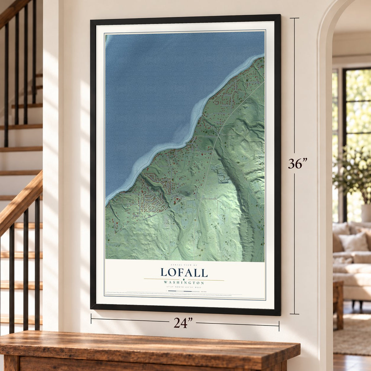 Lofall, Washington map, 24 x 36 inch print in a black frame by a staircase