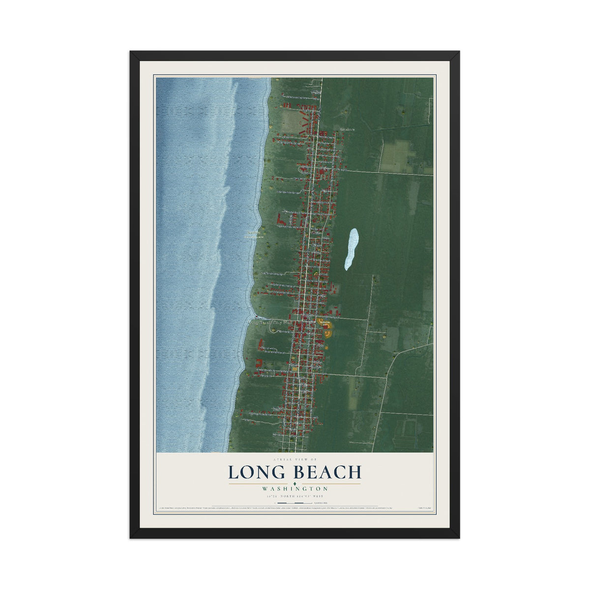 Map of Long Beach, Washington, 12 x 18 inch print in a black wood frame