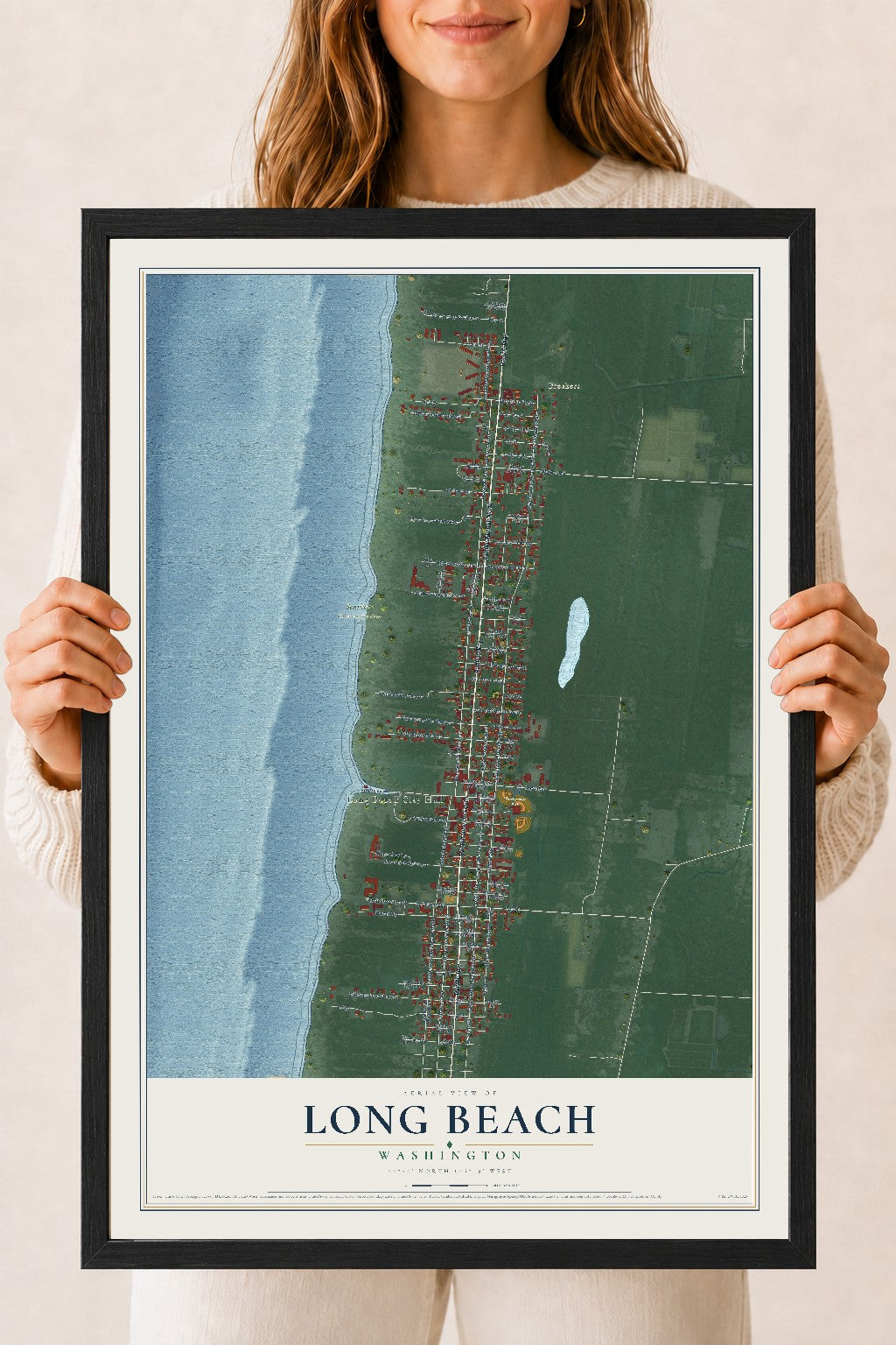 Map of Long Beach, Washington, 18 x 24 inch print in a black wood frame