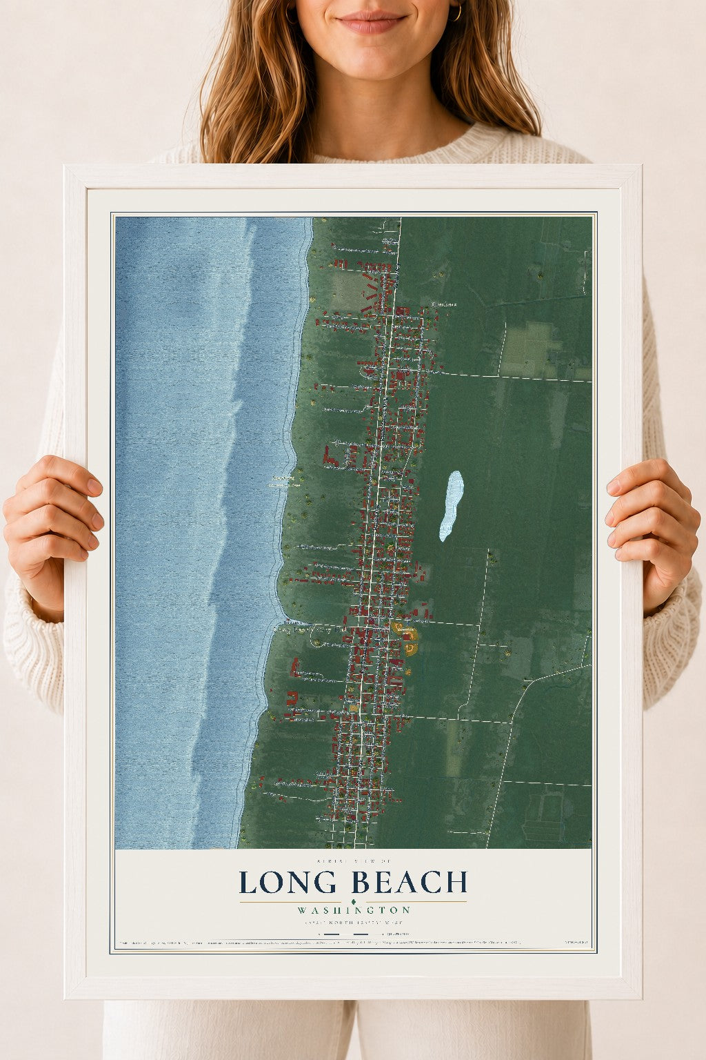 Map of Long Beach, Washington, 18 x 24 inch print in a white wood frame
