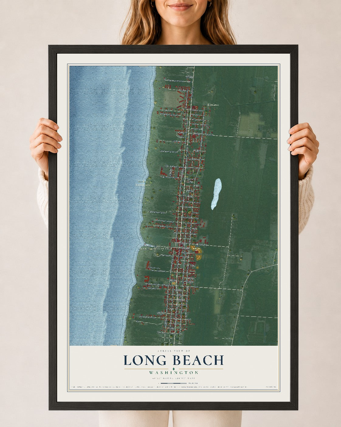 Map of Long Beach, Washington, 24 x 36 inch print in a black wood frame