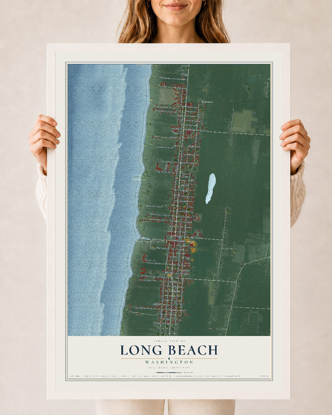 Map of Long Beach, Washington, 24 x 36 inch print in a white wood frame